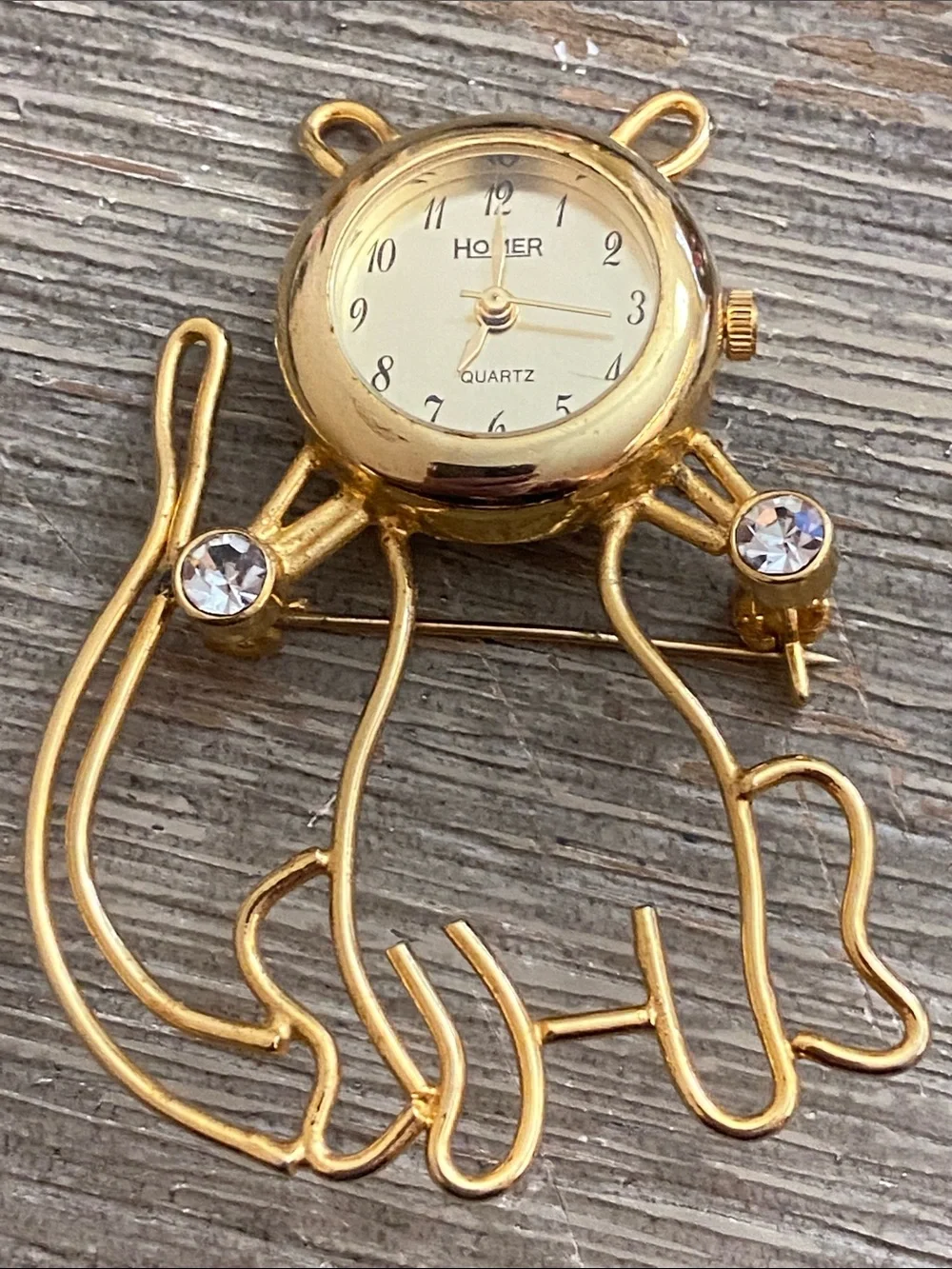 VTG 80s Homer Gold Tone Cat Brooch Watch with Crystal Accents